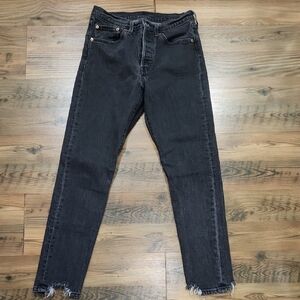 Levis 501s Skinny 26x28 Black Gray Wash Chewed Frayed Hem Ankle